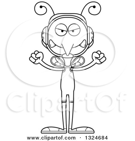 Lineart Clipart of a Cartoon Black and White Angry Mosquito Wrestler - Royalty Free Outline Vector Illustration by Cory Thoman