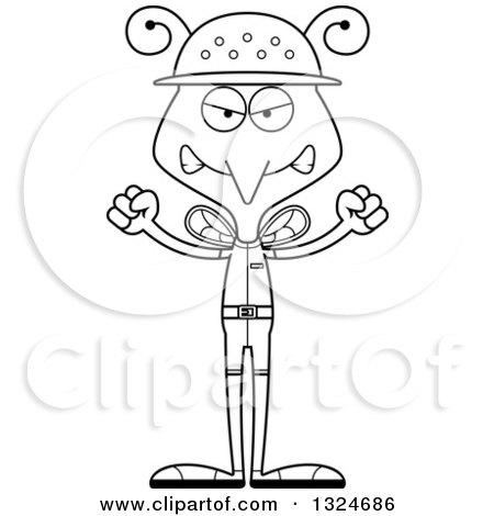 Lineart Clipart of a Cartoon Black and White Angry Mosquito Zookeeper - Royalty Free Outline Vector Illustration by Cory Thoman