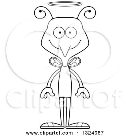 Lineart Clipart of a Cartoon Black and White Happy Mosquito Angel - Royalty Free Outline Vector Illustration by Cory Thoman