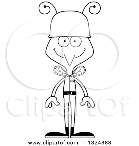 Lineart Clipart of a Cartoon Black and White Happy Mosquito Army Soldier - Royalty Free Outline Vector Illustration by Cory Thoman