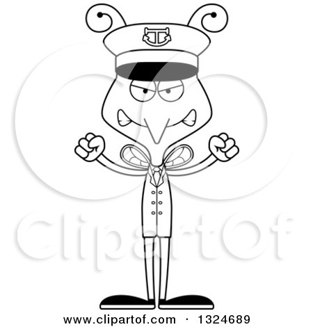 Lineart Clipart of a Cartoon Black and White Angry Mosquito Boat Captain - Royalty Free Outline Vector Illustration by Cory Thoman