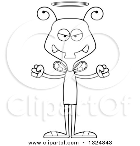 Lineart Clipart of a Cartoon Black and White Mad Housefly Angel - Royalty Free Outline Vector Illustration by Cory Thoman