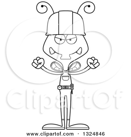 Lineart Clipart of a Cartoon Black and White Mad Housefly Contractor - Royalty Free Outline Vector Illustration by Cory Thoman