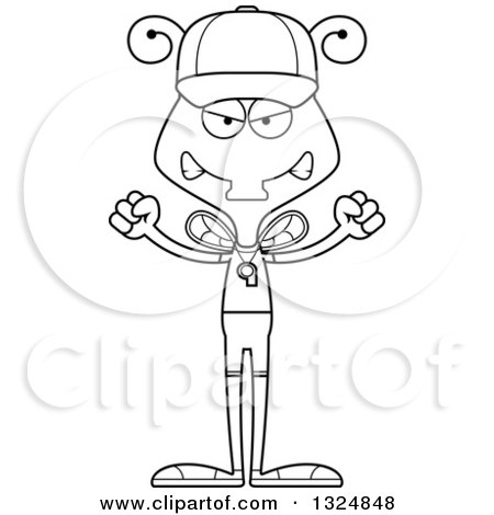Lineart Clipart of a Cartoon Black and White Mad Housefly Sports Coach - Royalty Free Outline Vector Illustration by Cory Thoman