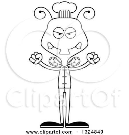 Lineart Clipart of a Cartoon Black and White Mad Housefly Chef - Royalty Free Outline Vector Illustration by Cory Thoman
