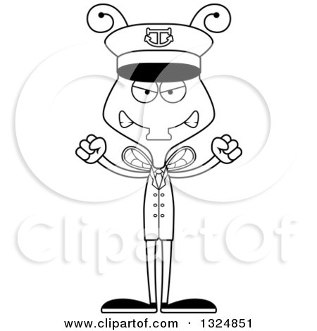 Lineart Clipart of a Cartoon Black and White Mad Housefly Boat Captain - Royalty Free Outline Vector Illustration by Cory Thoman
