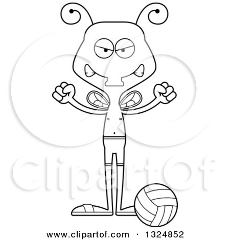 Lineart Clipart of a Cartoon Black and White Mad Housefly Beach Volleyball Player - Royalty Free Outline Vector Illustration by Cory Thoman
