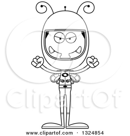 Lineart Clipart of a Cartoon Black and White Mad Housefly Astronaut - Royalty Free Outline Vector Illustration by Cory Thoman
