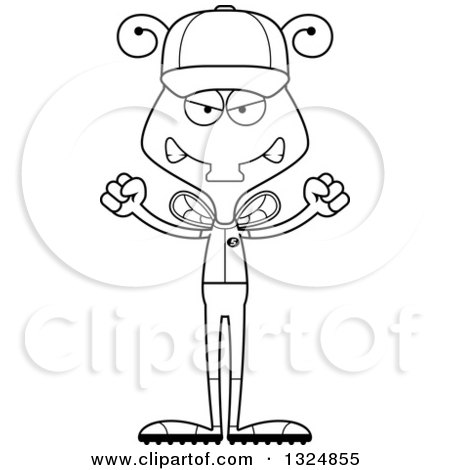 Lineart Clipart of a Cartoon Black and White Mad Housefly Baseball Player - Royalty Free Outline Vector Illustration by Cory Thoman