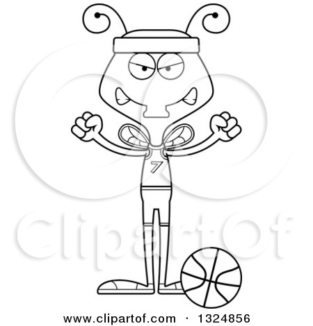 Lineart Clipart of a Cartoon Black and White Mad Housefly Basketball Player - Royalty Free Outline Vector Illustration by Cory Thoman
