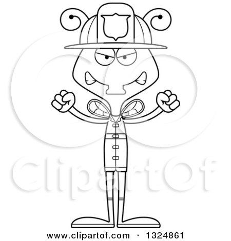 Lineart Clipart of a Cartoon Black and White Mad Housefly Firefighter - Royalty Free Outline Vector Illustration by Cory Thoman