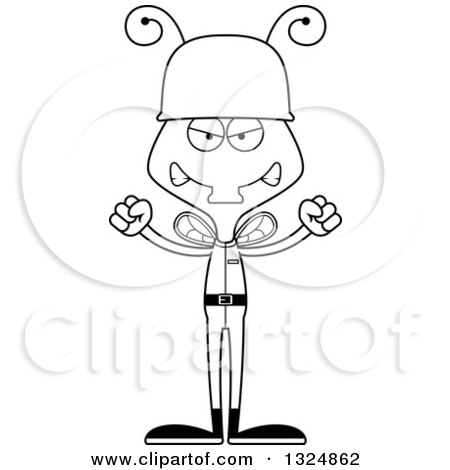 Lineart Clipart of a Cartoon Black and White Mad Housefly Soldier - Royalty Free Outline Vector Illustration by Cory Thoman