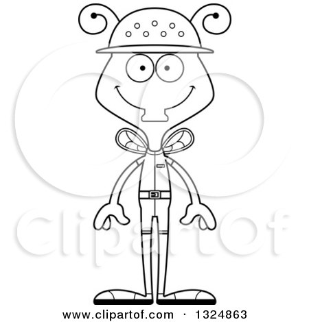 Lineart Clipart of a Cartoon Black and White Happy Housefly Zookeeper - Royalty Free Outline Vector Illustration by Cory Thoman