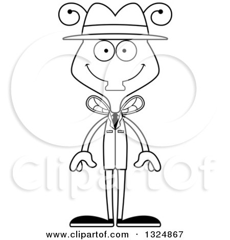 Lineart Clipart of a Cartoon Black and White Happy Housefly Detective - Royalty Free Outline Vector Illustration by Cory Thoman