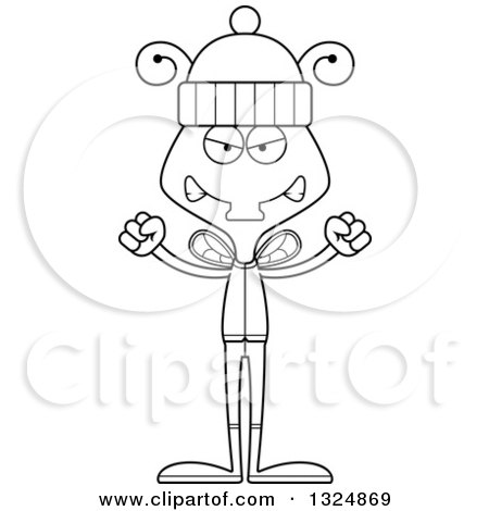 Lineart Clipart of a Cartoon Black and White Mad Housefly in Winter Clothes - Royalty Free Outline Vector Illustration by Cory Thoman