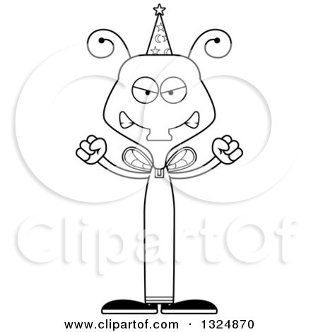 Lineart Clipart of a Cartoon Black and White Mad Housefly Wizard - Royalty Free Outline Vector Illustration by Cory Thoman