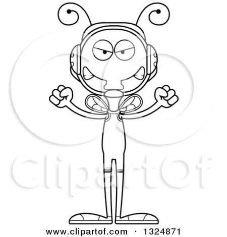 Lineart Clipart of a Cartoon Black and White Mad Housefly Wrestler - Royalty Free Outline Vector Illustration by Cory Thoman