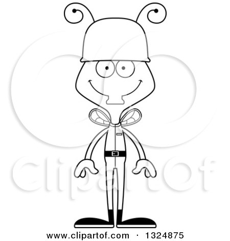 Lineart Clipart of a Cartoon Black and White Happy Housefly Soldier - Royalty Free Outline Vector Illustration by Cory Thoman