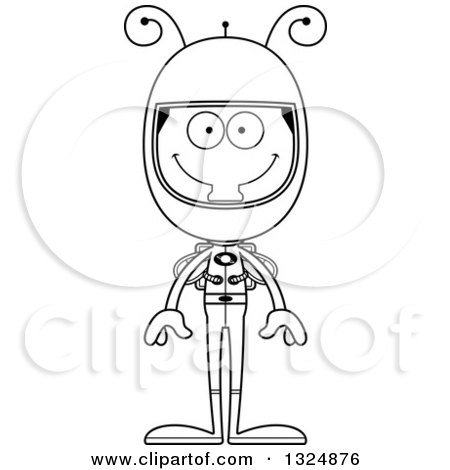 Lineart Clipart of a Cartoon Black and White Happy Housefly Astronaut - Royalty Free Outline Vector Illustration by Cory Thoman