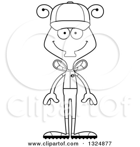 Lineart Clipart of a Cartoon Black and White Happy Housefly Baseball Player - Royalty Free Outline Vector Illustration by Cory Thoman