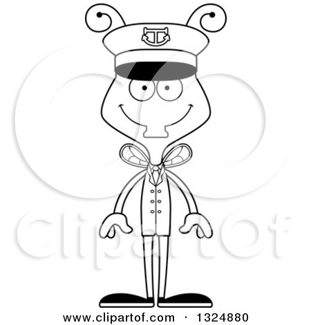 Lineart Clipart of a Cartoon Black and White Happy Housefly Boat Captain - Royalty Free Outline Vector Illustration by Cory Thoman