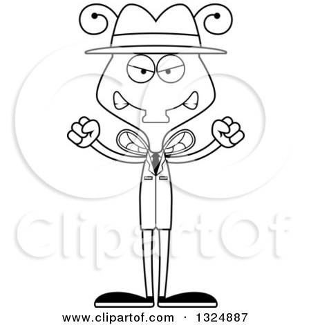 Lineart Clipart of a Cartoon Black and White Mad Housefly Detective - Royalty Free Outline Vector Illustration by Cory Thoman