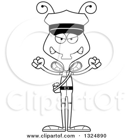Lineart Clipart of a Cartoon Black and White Mad Housefly Mailman - Royalty Free Outline Vector Illustration by Cory Thoman