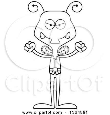 Lineart Clipart of a Cartoon Black and White Mad Karate Housefly - Royalty Free Outline Vector Illustration by Cory Thoman