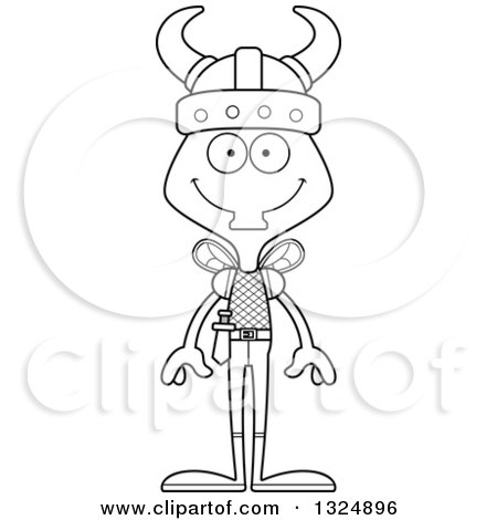 Lineart Clipart of a Cartoon Black and White Happy Housefly Viking - Royalty Free Outline Vector Illustration by Cory Thoman