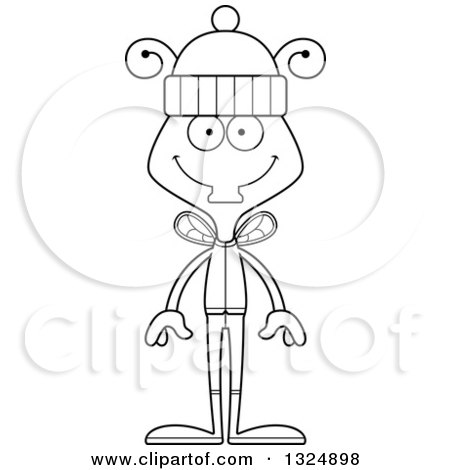 Lineart Clipart of a Cartoon Black and White Happy Housefly in Winter Clothes - Royalty Free Outline Vector Illustration by Cory Thoman