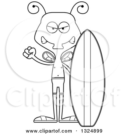 Lineart Clipart of a Cartoon Black and White Mad Housefly Surfer - Royalty Free Outline Vector Illustration by Cory Thoman