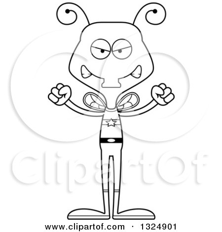 Lineart Clipart of a Cartoon Black and White Mad Housefly Super Hero - Royalty Free Outline Vector Illustration by Cory Thoman