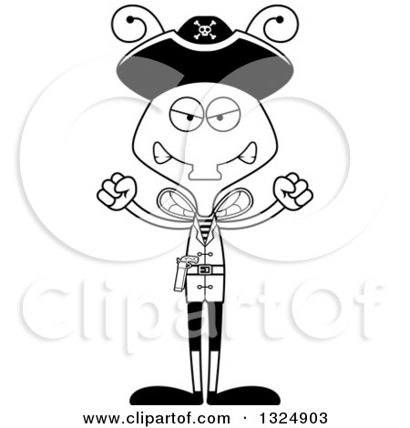 Lineart Clipart of a Cartoon Black and White Mad Housefly Pirate - Royalty Free Outline Vector Illustration by Cory Thoman