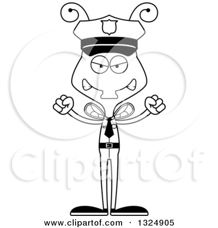Lineart Clipart of a Cartoon Black and White Mad Housefly Police Officer - Royalty Free Outline Vector Illustration by Cory Thoman