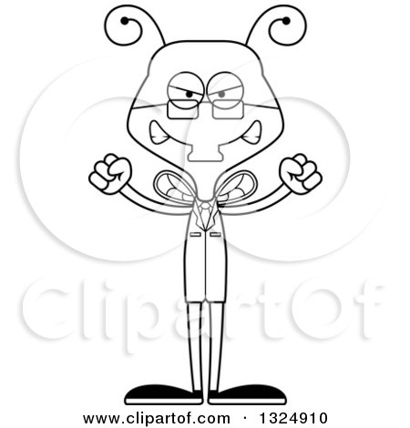Lineart Clipart of a Cartoon Black and White Mad Housefly Scientist - Royalty Free Outline Vector Illustration by Cory Thoman