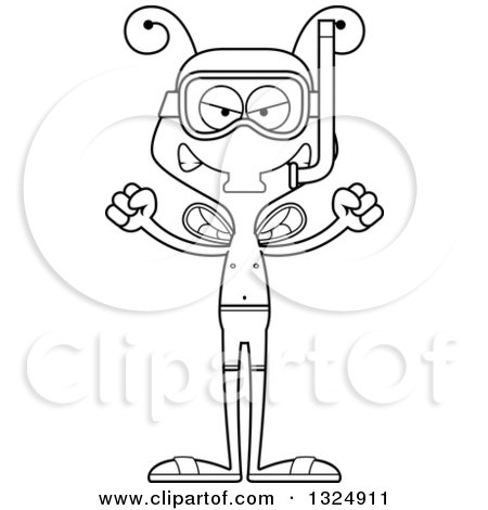 Lineart Clipart of a Cartoon Black and White Mad Housefly in Snorkel Gear - Royalty Free Outline Vector Illustration by Cory Thoman