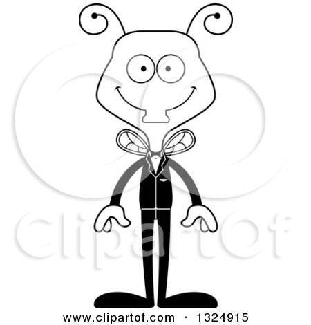 Lineart Clipart of a Cartoon Black and White Happy Housefly Groom - Royalty Free Outline Vector Illustration by Cory Thoman