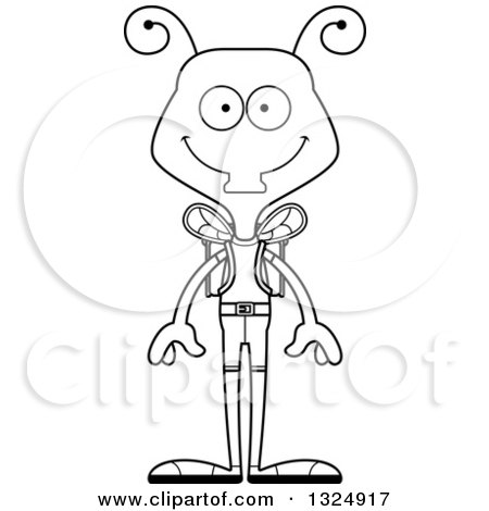 Lineart Clipart of a Cartoon Black and White Happy Housefly Hiker - Royalty Free Outline Vector Illustration by Cory Thoman