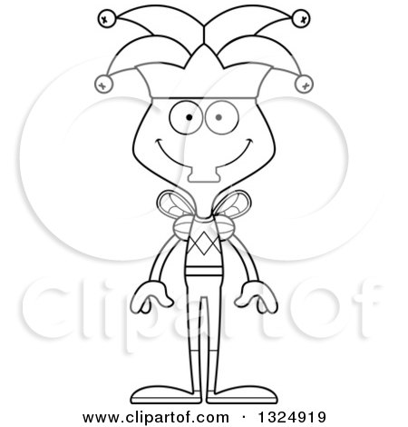 Lineart Clipart of a Cartoon Black and White Happy Housefly Jester - Royalty Free Outline Vector Illustration by Cory Thoman