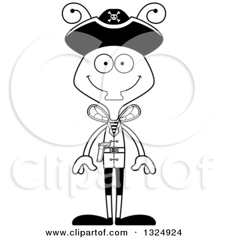 Lineart Clipart of a Cartoon Black and White Happy Housefly Pirate - Royalty Free Outline Vector Illustration by Cory Thoman