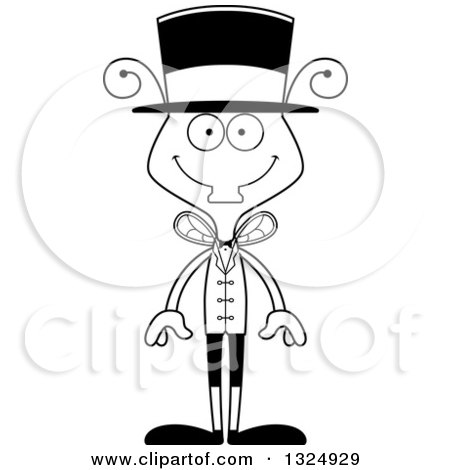Lineart Clipart of a Cartoon Black and White Happy Housefly Circus Ringmaster - Royalty Free Outline Vector Illustration by Cory Thoman