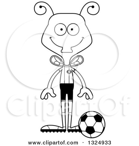 Lineart Clipart of a Cartoon Black and White Happy Housefly Soccer Player - Royalty Free Outline Vector Illustration by Cory Thoman