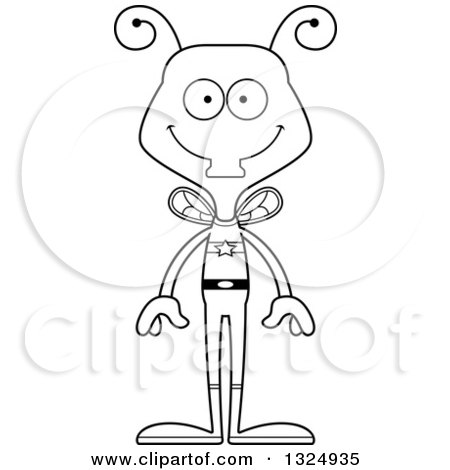 Lineart Clipart of a Cartoon Black and White Happy Housefly Super Hero - Royalty Free Outline Vector Illustration by Cory Thoman