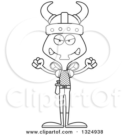 Lineart Clipart of a Cartoon Black and White Mad Housefly Viking - Royalty Free Outline Vector Illustration by Cory Thoman