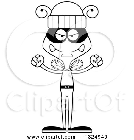 Lineart Clipart of a Cartoon Black and White Mad Housefly Robber - Royalty Free Outline Vector Illustration by Cory Thoman