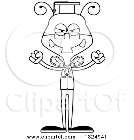 Lineart Clipart of a Cartoon Black and White Mad Housefly Professor - Royalty Free Outline Vector Illustration by Cory Thoman