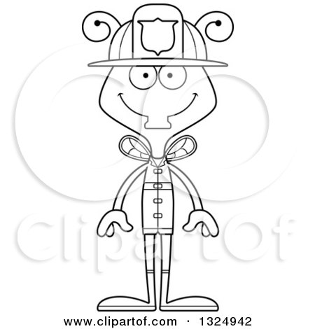 Lineart Clipart of a Cartoon Black and White Happy Housefly Firefighter - Royalty Free Outline Vector Illustration by Cory Thoman