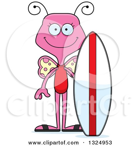 Clipart of a Cartoon Happy Pink Butterfly Sufer - Royalty Free Vector Illustration by Cory Thoman