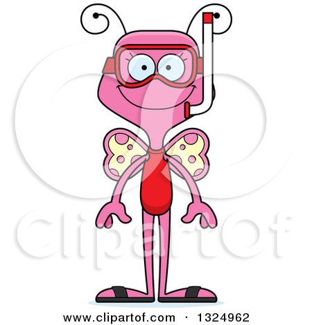 Clipart of a Cartoon Happy Pink Butterfly in Snorkel Gear - Royalty Free Vector Illustration by Cory Thoman