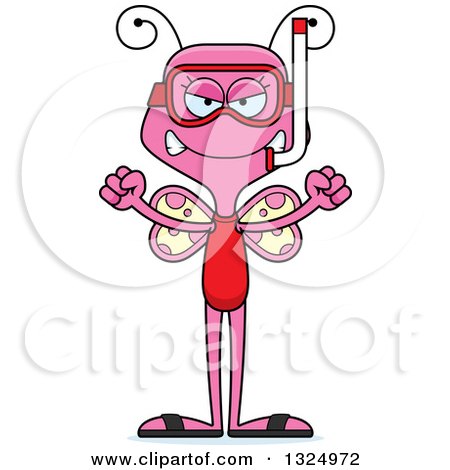 Clipart of a Cartoon Mad Pink Butterfly in Snorkel Gear - Royalty Free Vector Illustration by Cory Thoman